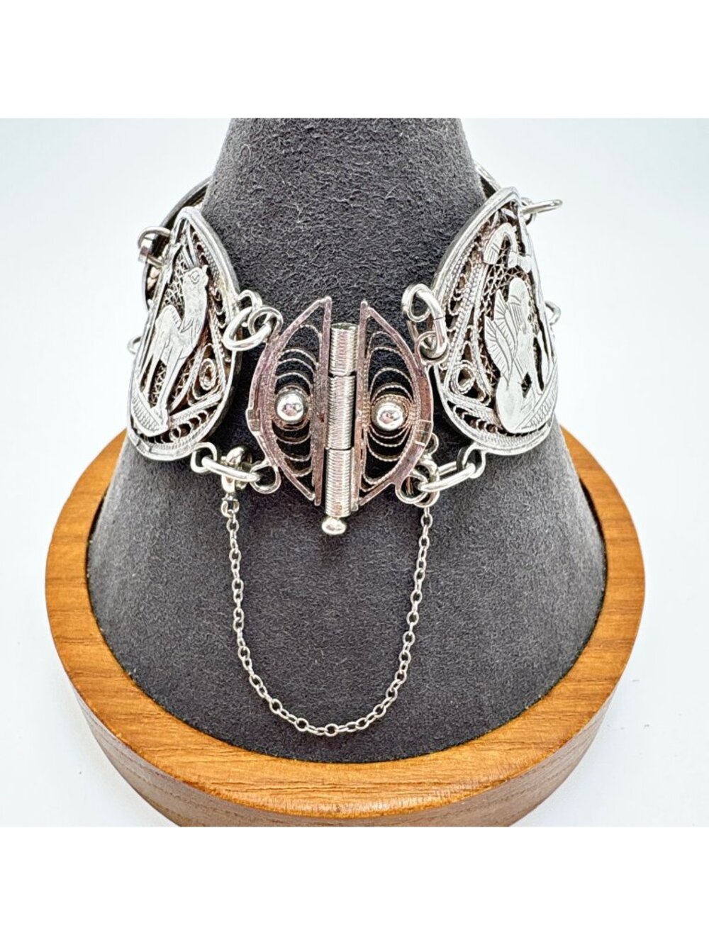 Egyptian Pharaoh Mural Design 925 Sterling Silver Filigree Chunky Bracelet 7.5"